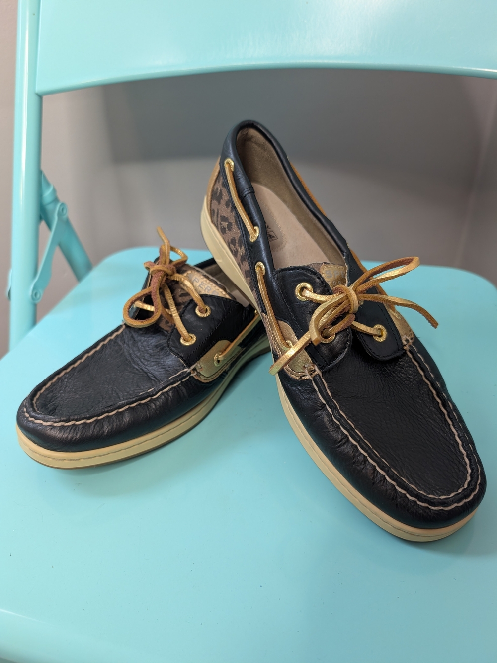 Sperry Black Leather Boat Shoes with Tan Accents and Leopard Heel